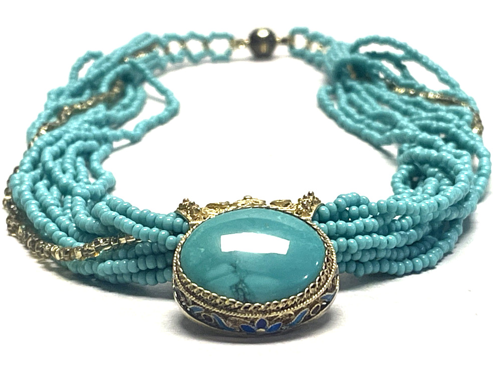 Sterling Silver Filigree Enamel Turquoise Pendant w Seed Beads Necklace 16 Inch